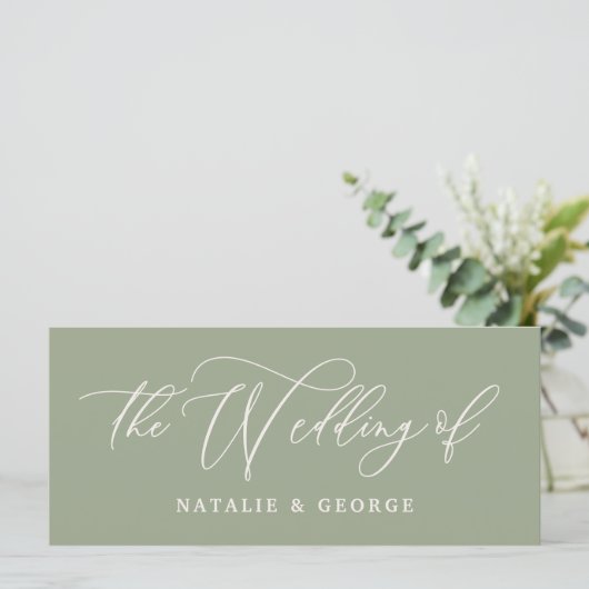Sage green, white script de bruiloft van gebarentm menu (Staand voorkant)