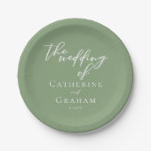 Sage Green White Script Gepersonaliseerde bruiloft Papieren Bordje (Voorkant)