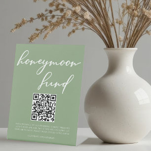 Sage Green White Script Honeymoon Fund QR-code Reclamebord Met Voetstuk