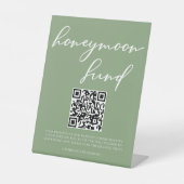 Sage Green White Script Honeymoon Fund QR-code Reclamebord Met Voetstuk (Voorkant)