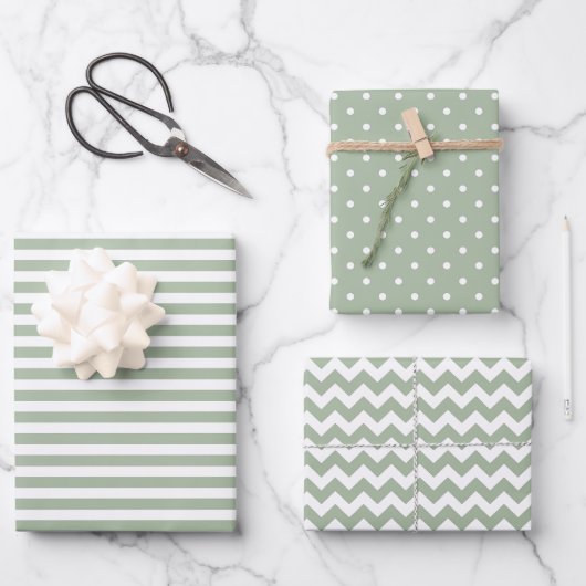 Sage Green & White Stripes Polka Dot Chevron Inpakpapier Vel (Voorkant)