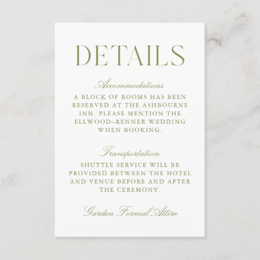 Sage Green & White Wedding Details Kaart (Voorkant)