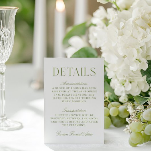 Sage Green & White Wedding Details Kaart
