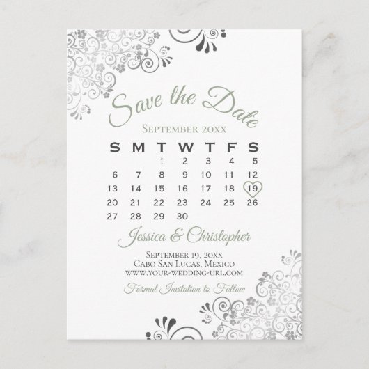 Sage Green & White Wedding Save the Date Calendar Aankondigingskaart (Voorkant)