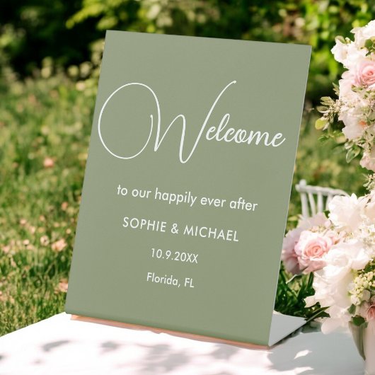 Sage Green White Welcome Wedding Reclamebord Met Voetstuk