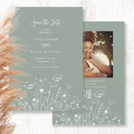 Sage Green White Wildflower Save the Date Wedding Kaart
