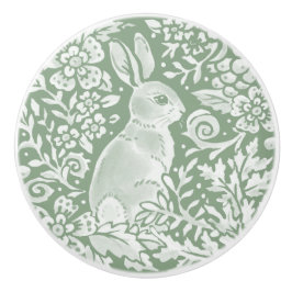 Sage Green White Woodland Animal Rabbit Pattern Keramische Knop