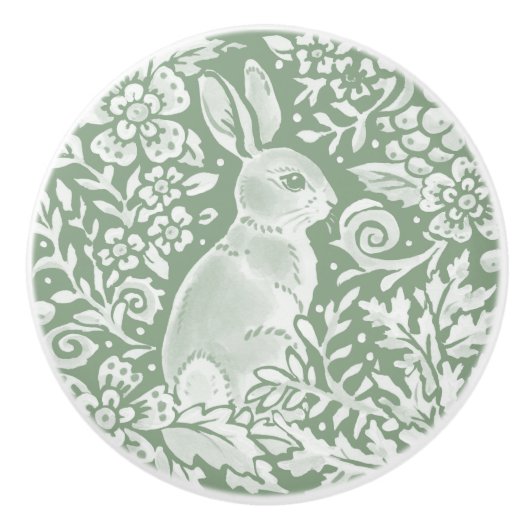 Sage Green White Woodland Animal Rabbit Pattern Keramische Knop (Voorkant)
