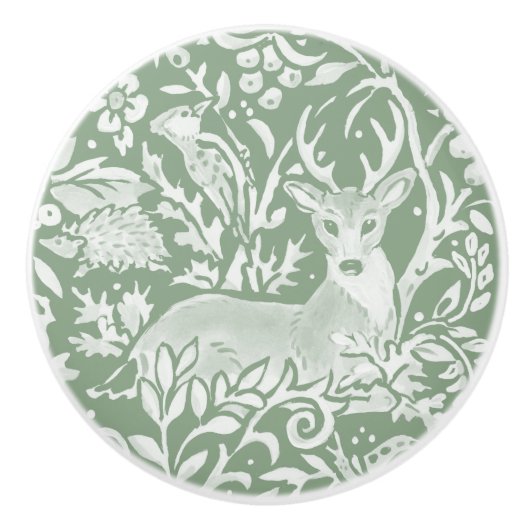 Sage Green White Woodland Animals Deer Pattern Keramische Knop (Voorkant)