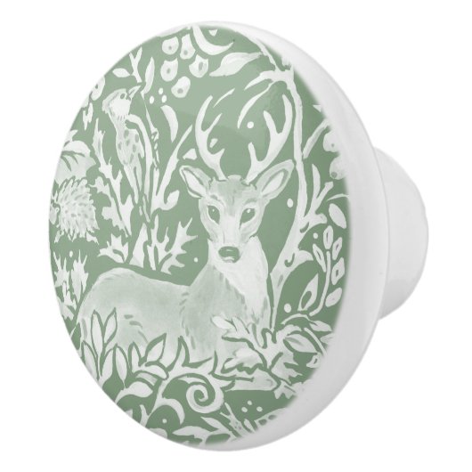 Sage Green White Woodland Animals Deer Pattern Keramische Knop (Rechts)