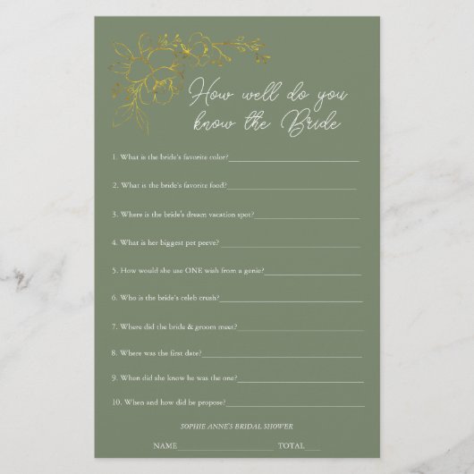 Sage Green Who Knows The Bride Shower Game (Voorkant)