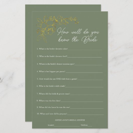 Sage Green Who Knows The Bride Shower Game (Voorkant / Achterkant)