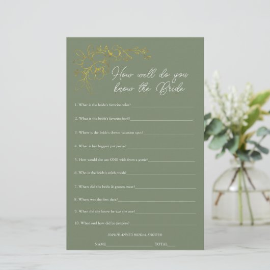 Sage Green Who Knows The Bride Shower Game (Staand voorkant)
