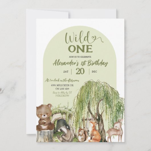 Sage Green Wild One Woodland Animals 1e verjaardag Kaart (Voorkant)