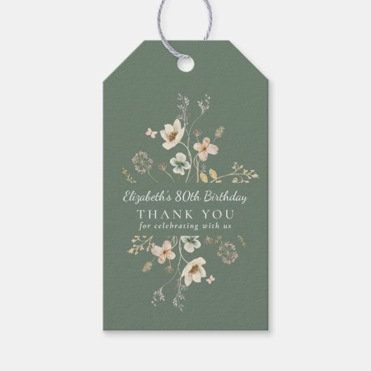 Sage Green Wildflower 80e verjaardag Dank u Cadeaulabel (Voorkant)