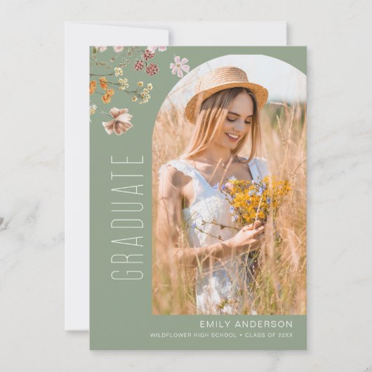 Sage Green Wildflower Afstuderen Aankondiging (Voorkant)