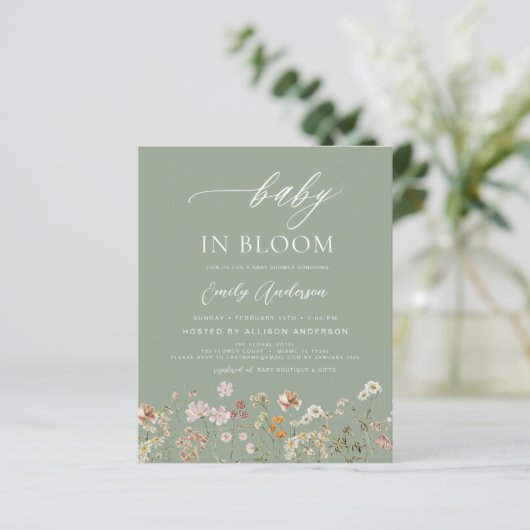 Sage Green Wildflower Baby in Bloom Invitation (Staand voorkant)