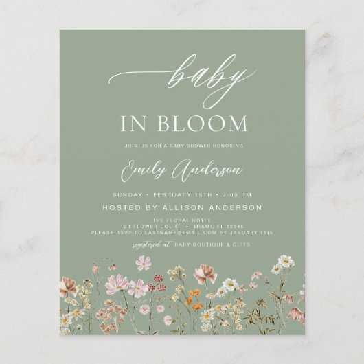 Sage Green Wildflower Baby in Bloom Invitation (Voorkant)
