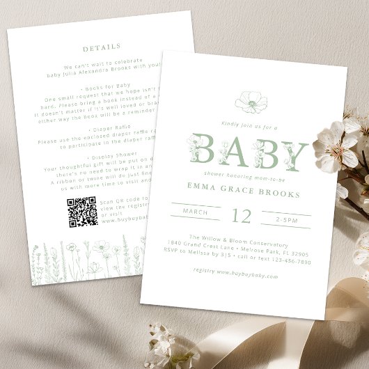 Sage Green Wildflower Baby Shower All-in-One  Kaart