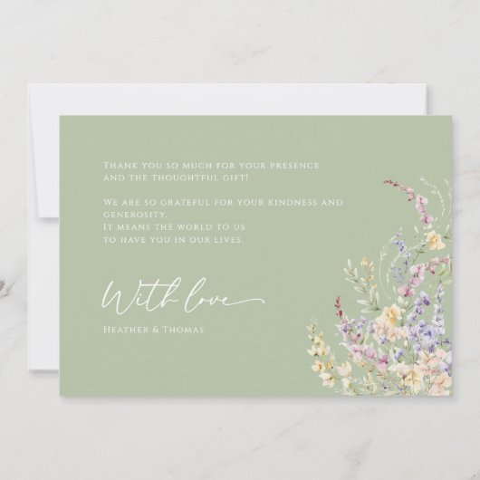 Sage Green Wildflower Baby shower Dank u kaart (Achterkant)