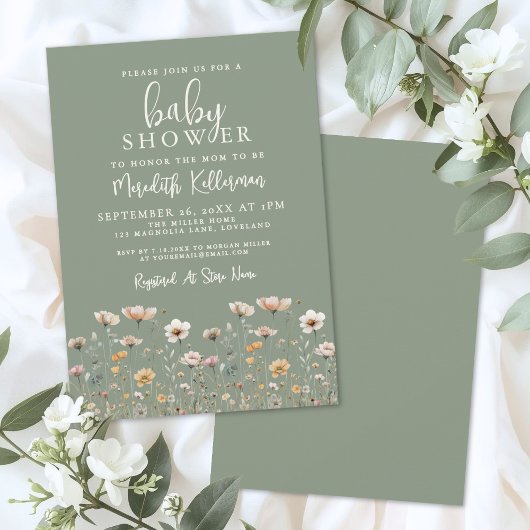 Sage Green Wildflower Baby Shower Kaart