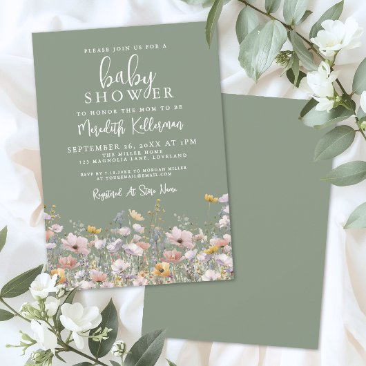 Sage Green Wildflower Baby Shower Kaart