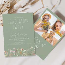 Sage Green Wildflower Bloom Graduation Party Foto Kaart