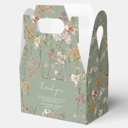 Sage Green Wildflower Boho Baby in Bloom Garden Bedankdoosjes (Geopend)