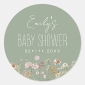 Sage Green Wildflower Boho Baby shower in Bloom Ronde Sticker (Voorkant)