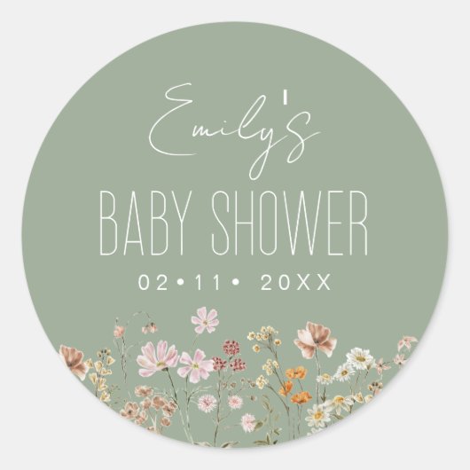 Sage Green Wildflower Boho Baby shower in Bloom Ronde Sticker (Voorkant)