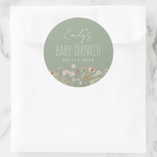 Sage Green Wildflower Boho Baby shower in Bloom Ronde Sticker (Tas)
