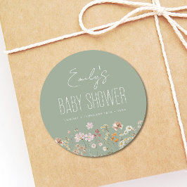 Sage Green Wildflower Boho Baby shower in Bloom Ronde Sticker