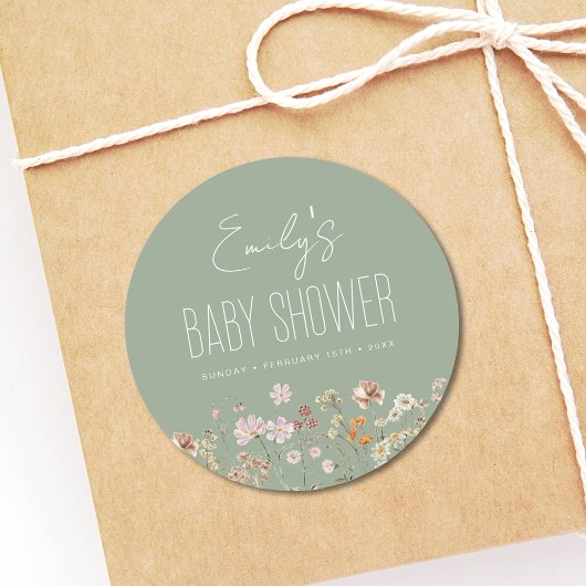 Sage Green Wildflower Boho Baby shower in Bloom Ronde Sticker