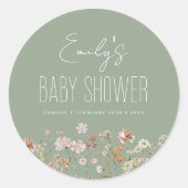 Sage Green Wildflower Boho Baby shower in Bloom Ronde Sticker (Voorkant)