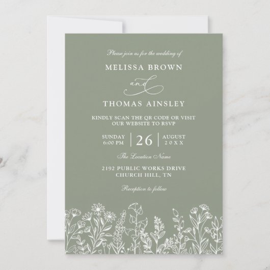 Sage Green Wildflower Boho Budget QR Code Wedding Kaart (Voorkant)