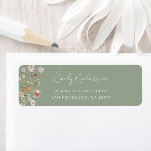 Sage Green Wildflower Boho Garden Retouradres Etiket (Insitu)