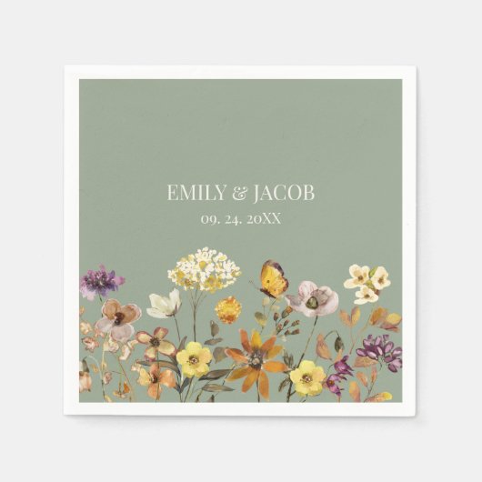Sage Green Wildflower Boho Huwelijksservetten Servet (Voorkant)
