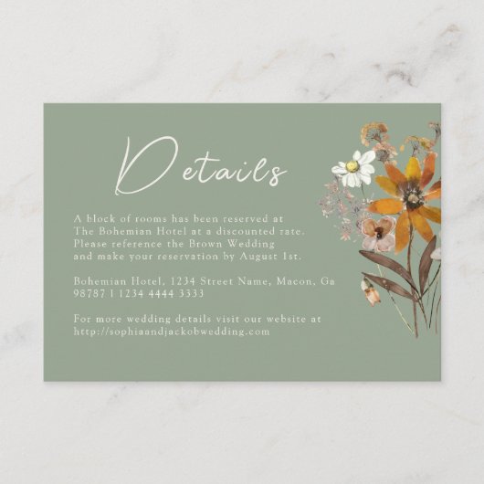 Sage Green Wildflower Boho Wedding Details Informatiekaartje (Voorkant)