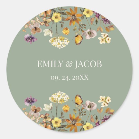 Sage Green Wildflower Boho Wedding Ronde Sticker (Voorkant)
