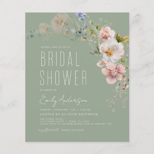 Sage Green Wildflower Bruidsdouche Uitnodiging Flyer (Voorkant)