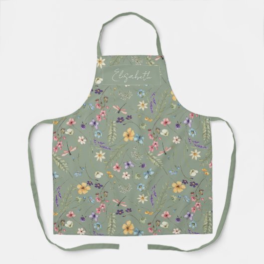 Sage Green Wildflower & Butterfly gepersonaliseerd Schort (Voorkant)