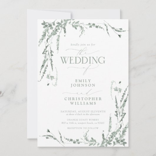 Sage Green Wildflower Calligraphy Wedding Kaart (Voorkant)