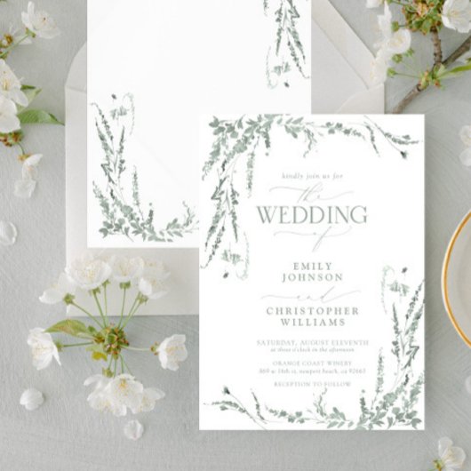 Sage Green Wildflower Calligraphy Wedding Kaart