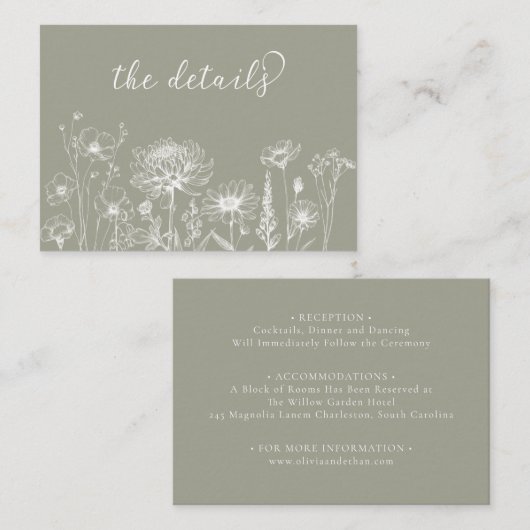 Sage Green Wildflower Details Card Wedding Insert Informatiekaartje (Voorkant / Achterkant)