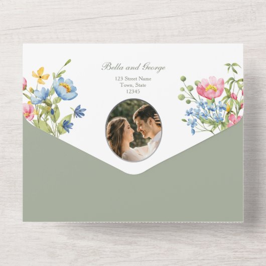 Sage Green Wildflower Garden Wedding All In One Uitnodiging (Achterkant)