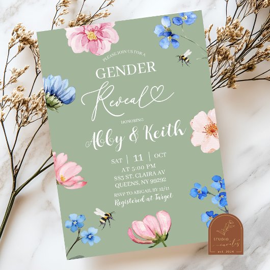 Sage Green Wildflower Gender Reveal Invitation Kaart