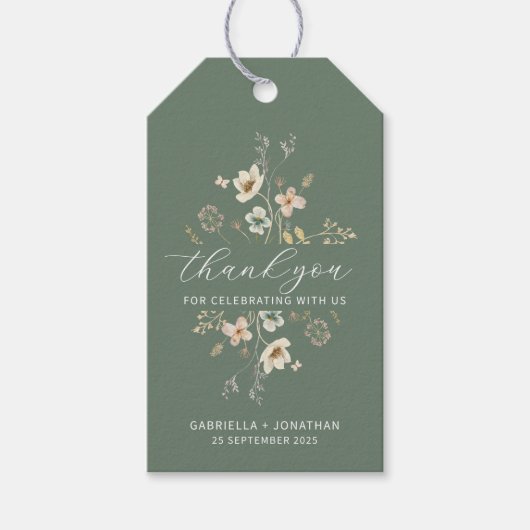 Sage Green Wildflower Huwelijksgunst Dank u Cadeaulabel (Voorkant)