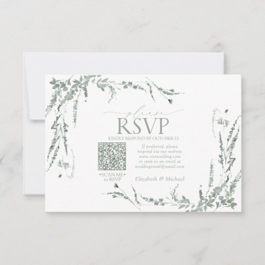 Sage Green Wildflower kalligrafie QR-code RSVP (Voorkant)