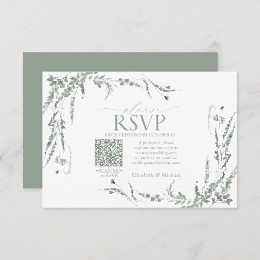Sage Green Wildflower kalligrafie QR-code RSVP (Voorkant / Achterkant)