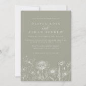 Sage Green Wildflower Line Art Wedding  Kaart (Voorkant)